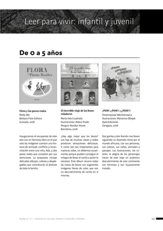 ágora n.º 17 — revista de cultura, ensayo y creación literaria 133
Leer para vivir: infantil y juvenil
De 0 a 5 años
Flora y los pavos reales
Molly Idle
Barbara Fiore Editora
Granada, 2018
¡POM! ¡¡POM!! ¡¡¡POM!!!
Prezemystaw Wechterowicz
Ilustraciones: Marianna Oklejak
Apila Ediciones
Zaragoza, 2018
El increíble viaje de los besos
voladores
María Inés Cuadrado
Ilustraciones: Aldara Prado
Penguin Randon House
Barcelona, 2018
Inauguramos el escaparate de este
año con un hermoso libro en el que
solo las imágenes cuentan una his-
toria de amistad, conflicto y recon-
ciliación entre una niña, Ada, y dos
pavos reales que compiten por sus
atenciones. La propuesta incluye
delicados dibujos, colores y desple-
gables que contribuirán al disfrute
de toda la familia.
Dos gorilas y don Ramón nos llevan
siguiendo un divertido ritmo por el
mundo africano, con sus personas,
sus colores, sus cielos, animales y
paisajes. Las ilustraciones, los co-
lores, la alegría de los personajes
hacen de este viaje un auténtico
descubrimiento de este continente
tan hermoso y tan injustamente
tratado.
¿Hay algo mejor que los besos?
Los hay de muchas clases y todos
producen sensaciones deliciosas.
Y, como son tan importantes para
nuestras vidas, no debemos escati-
marlos porque pueden conseguir el
milagro de llevar el cariño a quien lo
necesita. Este álbum recorre todas
las clases de besos con sugerentes
imágenes llenas de color, que son
un descubrimiento de cariño en sí
mismas.
 