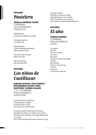 152 ágora n.º 17 — revista de cultura, ensayo y creación literaria
concursoinfantil
DIPLOMA
Pastelera
ÁNGELA GARRIDO YAGÜE
3º PRIMARIA
CRA LOS BAÑALES
UNCASTILLO
Pastel pastelera.
¿Cuándo me regalarás un pastel?
Me regalas una tarta
o un pastel rico.
Pastel pastelera.
¿Cuánto queda para mi pastel?
¡que tengo que comer!
Ñam, ñam ¡Qué rico está!
¡Dame otro más!
Esta vez una tarta.
¡Que me gusta más!
	
DIPLOMA
Los niños de
Castiliscar
AIMANE GHALMI, CELIA MARCO,
MOHAMMED NACHIT, YARA
MARTÍNEZ, YASMIN GHALMI
1º, 2º Y 3º PRIMARIA
CRA LOS BAÑALES
CASTILISCAR
Somos los niños de Castiliscar,
nos gusta jugar y trabajar,
y también saltar y nadar,
pero al jugar nos solemos picar.
En nuestro pueblo muchos tesoros tenemos:
una iglesia, un museo, un castillo y una estanca.
Tenemos ruinas romanas y un parque donde jugar
a la petanca.
Pero el bien más preciado somos nosotros, ya que
su futuro seremos.
No dudes en venirnos a visitar.
Aquí podrás pasear, reír y cantar,
jugar al frontón y setas recolectar.
¡¡En Castiliscar mucho podrás disfrutar!!
DIPLOMA
El año
ADRIÁN ANDRÉS
3º PRIMARIA
CRA LOS BAÑALES
LUESIA
En invierno
hace frío
como en el Pirineo.
En verano
hace calor
como en el desierto de Aragón.
En abril
hay un dicho
que creo que se dice así:
en abril
aguas mil,
y este poema acaba así.
 