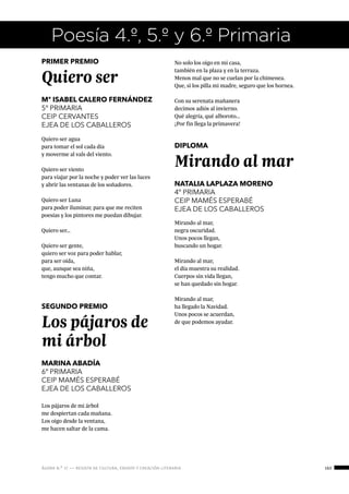 ágora n.º 17 — revista de cultura, ensayo y creación literaria 163
Poesía 4.º, 5.º y 6.º Primaria
PRIMER PREMIO
Quiero ser
Mª ISABEL CALERO FERNÁNDEZ
5º PRIMARIA
CEIP CERVANTES
EJEA DE LOS CABALLEROS
Quiero ser agua
para tomar el sol cada día
y moverme al vals del viento.
Quiero ser viento
para viajar por la noche y poder ver las luces
y abrir las ventanas de los soñadores.
Quiero ser Luna
para poder iluminar, para que me reciten
poesías y los pintores me puedan dibujar.
Quiero ser…
Quiero ser gente,
quiero ser voz para poder hablar,
para ser oída,
que, aunque sea niña,
tengo mucho que contar.
SEGUNDO PREMIO
Los pájaros de
mi árbol
MARINA ABADÍA
6º PRIMARIA
CEIP MAMÉS ESPERABÉ
EJEA DE LOS CABALLEROS
Los pájaros de mi árbol
me despiertan cada mañana.
Los oigo desde la ventana,
me hacen saltar de la cama.
No solo los oigo en mi casa,
también en la plaza y en la terraza.
Menos mal que no se cuelan por la chimenea.
Que, si los pilla mi madre, seguro que los hornea.
Con su serenata mañanera
decimos adiós al invierno.
Qué alegría, qué alboroto…
¡Por fin llega la primavera!
DIPLOMA
Mirando al mar
NATALIA LAPLAZA MORENO
4º PRIMARIA
CEIP MAMÉS ESPERABÉ
EJEA DE LOS CABALLEROS
Mirando al mar,
negra oscuridad.
Unos pocos llegan,
buscando un hogar.
Mirando al mar,
el día muestra su realidad.
Cuerpos sin vida llegan,
se han quedado sin hogar.
Mirando al mar,
ha llegado la Navidad.
Unos pocos se acuerdan,
de que podemos ayudar.
 