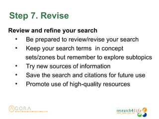 Step 7. Revise
Review and refine your search
• Be prepared to review/revise your search
• Keep your search terms in concept
sets/zones but remember to explore subtopics
• Try new sources of information
• Save the search and citations for future use
• Promote use of high-quality resources
 