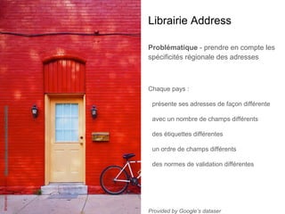 Librairie Address
Problématique - prendre en compte les
spécificités régionale des adresses
Chaque pays :
présente ses adresses de façon différente
avec un nombre de champs différents
des étiquettes différentes
un ordre de champs différents
des normes de validation différentes
Provided by Google’s dataser
BrennanEhrhardt-https://unsplash.com/photos/HALe2SmkWAI
 
