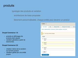 produits
typologie des produits et variation
architecture de base proposée
librement personnalisable, chaque entité peut devenir un produit
Drupal Commerce 1.0
-  produits et affichages de
produits était séparé
-  variation générée à partir de
taxonomies
Drupal Commerce 2.0
-  création native de la variation
sur la fiche produit
-  variation gérée par une entité
propre
 