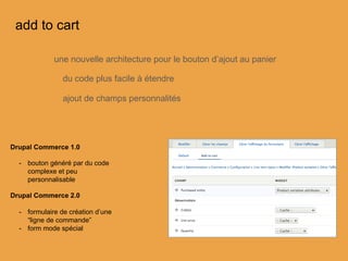 add to cart
une nouvelle architecture pour le bouton d’ajout au panier
du code plus facile à étendre
ajout de champs personnalités
Drupal Commerce 1.0
-  bouton généré par du code
complexe et peu
personnalisable
Drupal Commerce 2.0
-  formulaire de création d’une
“ligne de commande”
-  form mode spécial
 