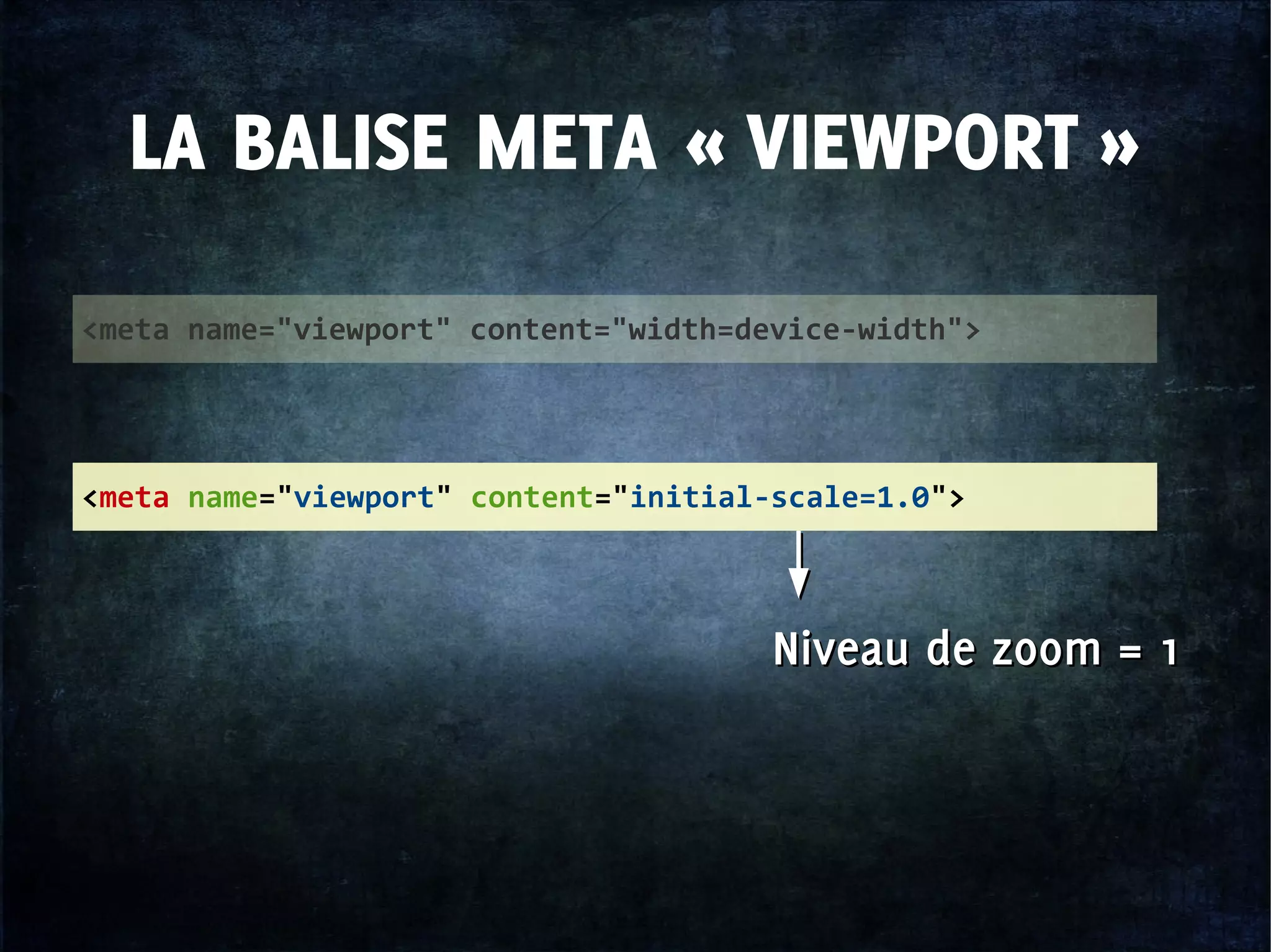 <meta name="viewport" content="width=device-width">
LA BALISE META « VIEWPORT »
<meta name="viewport" content="initial-scale=1.0">
Niveau de zoom = 1Niveau de zoom = 1
 