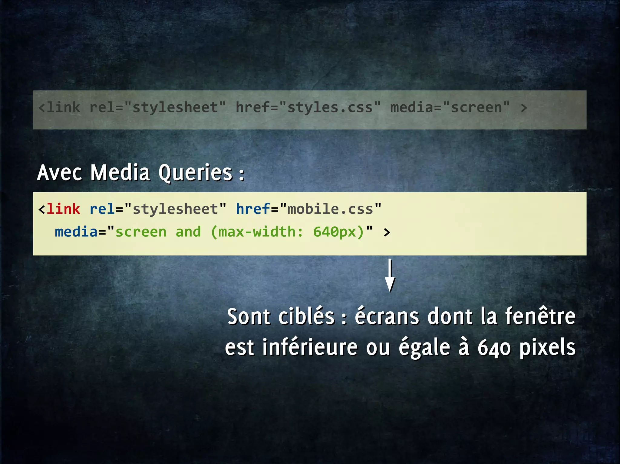<link rel="stylesheet" href="mobile.css"
media="screen and (max-width: 640px)" >
<link rel="stylesheet" href="styles.css" media="screen" >
Avec Media Queries :Avec Media Queries :
Sont ciblés : écrans dont la fenêtre
est inférieure ou égale à 640 pixels
Sont ciblés : écrans dont la fenêtre
est inférieure ou égale à 640 pixels
 