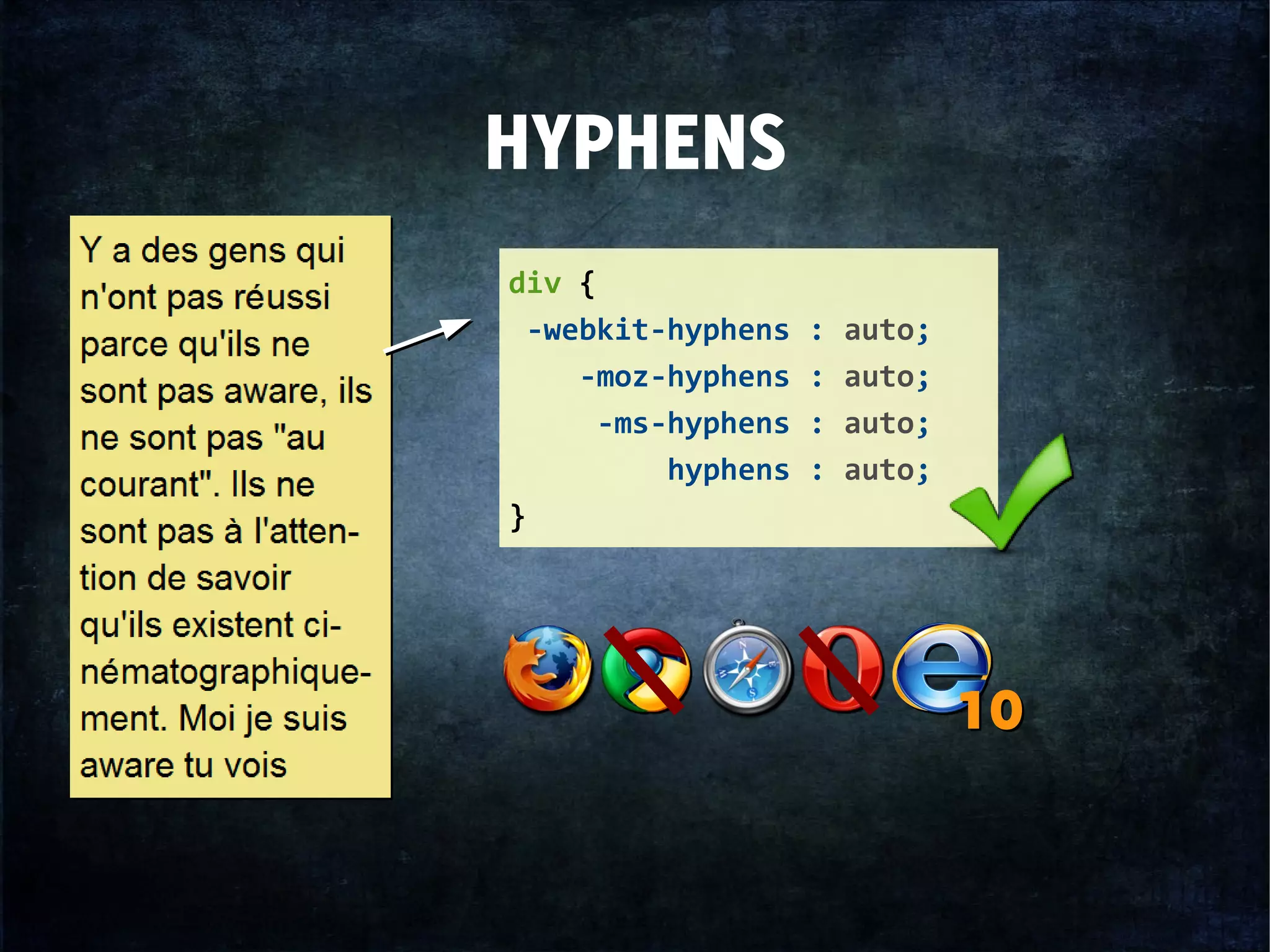HYPHENS
div {
-webkit-hyphens : auto;
-moz-hyphens : auto;
-ms-hyphens : auto;
hyphens : auto;
}
1010
 