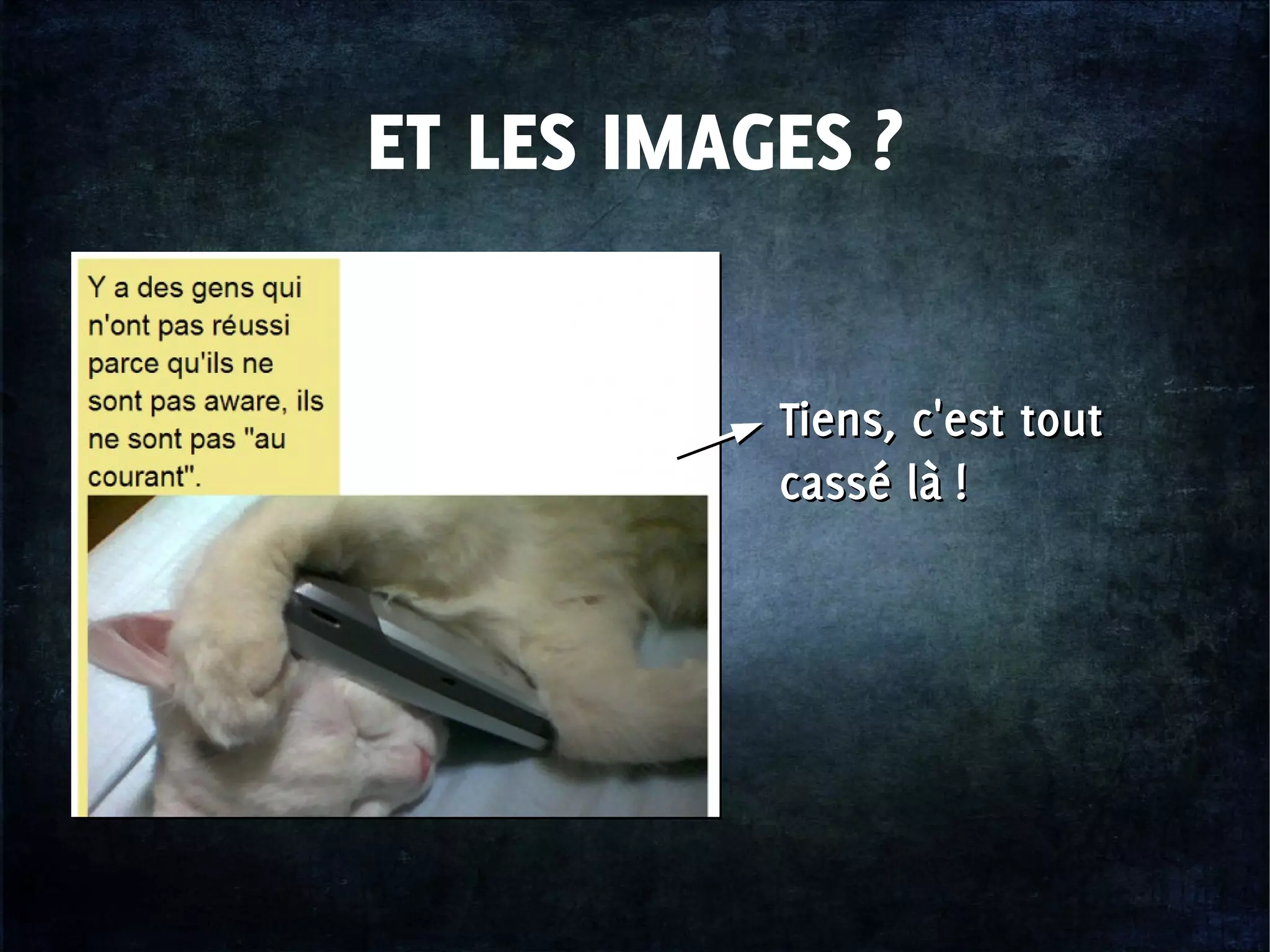 ET LES IMAGES ?
Tiens, c'est tout
cassé là !
Tiens, c'est tout
cassé là !
 