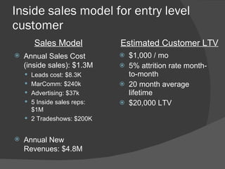 Inside sales model for entry level customer $1,000 / mo 5% attrition rate month-to-month 20 month average lifetime $20,000 LTV  Annual Sales Cost (inside sales): $1.3M  Leads cost: $8.3K MarComm: $240k Advertising: $37k 5 Inside sales reps: $1M 2 Tradeshows: $200K Annual New Revenues: $4.8M Sales Model Estimated Customer LTV 