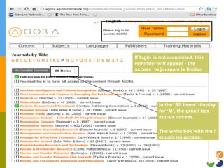 If login is not completed, this
reminder will appear - the
access to journals is limited
In the ‘All Items’ display
for ‘M’, the green box
equals access.
The white box with the !
equals no access.
 