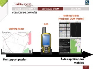 44/62
Mobile/Tablet
(Vespucci, OSM Tracker)
Walking Paper
GPS
Du support papier À des applications
mobiles
Qu’est-ce que OSM ? Contribuez à OSM OSM & SIG
COLLECTE DE DONNÉES
 