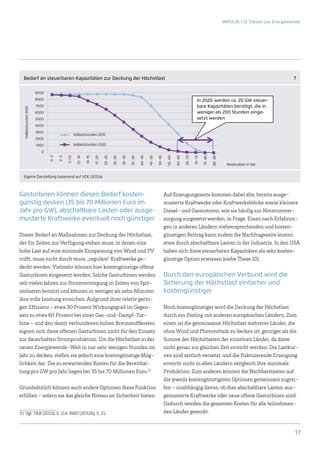 IMPULSE | 12 Thesen zur Energiewende




  Bedarf an steuerbaren Kapazitäten zur Deckung der Höchstlast                                                                                                                                                                            7

                         9000
                         8000                                                                                                                                                      In 2020 werden ca. 20 GW steuer-
                         7000                                                                                                                                                      bare Kapazitäten benötigt, die in
  Volllaststunden 2020




                         6000                                                                                                                                                      weniger als 200 Stunden einge-
                         5000                                                                                                                                                      setzt werden
                         4000
                         3000
                                                       Volllaststunden 2010
                         2000
                         1000                          Volllaststunden 2020

                           0
                                0 -2

                                       2 -5

                                              5 -7,5

                                                         7,5 -10




                                                                                                                                                                       65 -70

                                                                                                                                                                                70 -75

                                                                                                                                                                                         75 -80

                                                                                                                                                                                                  80 -85
                                                                   10 -15

                                                                            15 -20

                                                                                     20 -25

                                                                                              25 -30

                                                                                                       30 -35

                                                                                                                35 -40

                                                                                                                         40 -45

                                                                                                                                  45 -50

                                                                                                                                           50 -55

                                                                                                                                                     55 -60

                                                                                                                                                              60 -65
                                                                                                                                                                                                             Residuallast in GW


  Eigene Darstellung basierend auf VDE (2012a)



Gasturbinen können diesen Bedarf kosten-                                                                                                            Auf Erzeugungsseite kommen dabei alte, bereits ausge-
günstig decken (35 bis 70 Millionen Euro im                                                                                                         musterte Kraftwerke oder Kraftwerksblöcke sowie kleinere
Jahr pro GW), abschaltbare Lasten oder ausge-                                                                                                       Diesel- und Gasmotoren, wie sie häufig zur Notstromver-
musterte Kraftwerke eventuell noch günstiger                                                                                                        sorgung eingesetzt werden, in Frage. Einen nach Erfahrun-
                                                                                                                                                    gen in anderen Ländern vielversprechenden und kosten-
Dieser Bedarf an Maßnahmen zur Deckung der Höchstlast,                                                                                              günstigen Beitrag kann zudem die Nachfrageseite leisten,
der für Zeiten zur Verfügung stehen muss, in denen eine                                                                                             etwa durch abschaltbare Lasten in der Industrie. In den USA
hohe Last auf eine minimale Einspeisung von Wind und PV                                                                                             haben sich diese steuerbaren Kapazitäten als sehr kosten-
trifft, muss nicht durch teure, „reguläre“ Kraftwerke ge-                                                                                           günstige Option erwiesen (siehe These 10).
deckt werden. Vielmehr können hier kostengünstige offene
Gasturbinen eingesetzt werden. Solche Gasturbinen werden                                                                                            Durch den europäischen Verbund wird die
seit vielen Jahren zur Stromversorgung in Zeiten von Spit-                                                                                          S
                                                                                                                                                    ­ icherung der Höchstlast einfacher und
zenlasten benutzt und können in weniger als zehn Minuten                                                                                            ­kostengünstiger
ihre volle Leistung erreichen. Aufgrund ihrer relativ gerin-
gen Effizienz – etwa 30 Prozent Wirkungsgrad im Gegen-                                                                                              Noch kostengünstiger wird die Deckung der Höchstlast
satz zu etwa 60 Prozent bei einer Gas-und-Dampf-Tur-                                                                                                durch ein Pooling mit anderen europäischen Ländern. Zum
bine – und den damit verbundenen hohen Brennstoffkosten                                                                                             einen ist die gemeinsame Höchstlast mehrerer Länder, die
eignen sich diese offenen Gasturbinen nicht für den Einsatz                                                                                         ohne Wind und Photovoltaik zu decken ist, geringer als die
zur dauerhaften Stromproduktion. Um die Höchstlast in der                                                                                           Summe der Höchstlasten der einzelnen Länder, da diese
neuen Energiewende-Welt in nur sehr wenigen Stunden im                                                                                              nicht genau zur gleichen Zeit erreicht werden: Die Lastkur-
Jahr zu decken, stellen sie jedoch eine kostengünstige Mög-                                                                                         ven sind zeitlich versetzt, und die fluktuierende Erzeugung
lichkeit dar. Die zu erwartenden Kosten für die Bereithal-                                                                                          erreicht nicht in allen Ländern zeitgleich ihre minimale
tung pro GW pro Jahr liegen bei 35 bis 70 Millionen Euro.31                                                                                         Produktion. Zum anderen können die Nachbarstaaten auf
                                                                                                                                                    die jeweils kostengünstigsten Optionen gemeinsam zugrei-
Grundsätzlich können auch andere Optionen diese Funktion                                                                                            fen – unabhängig davon, ob dies abschaltbare Lasten, aus-
erfüllen – sofern sie das gleiche Niveau an Sicherheit bieten.                                                                                      gemusterte Kraftwerke oder neue offene Gasturbinen sind.
                                                                                                                                                    Dadurch werden die gesamten Kosten für alle teilnehmen-
31	 Vgl. TAB (2012), S. 114; BMU (2012b), S. 21.                                                                                                    den Länder gesenkt.


                                                                                                                                                                                                                                            17
 