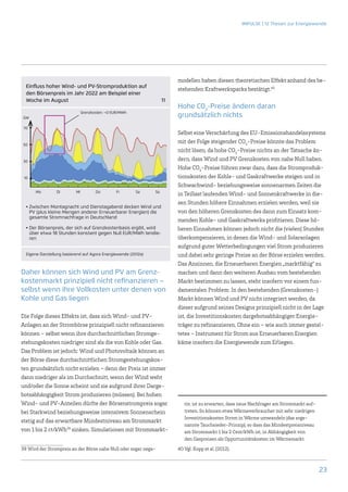 IMPULSE | 12 Thesen zur Energiewende




                                                                        modellen haben diesen theoretischen Effekt anhand des be-
  Einfluss hoher Wind- und PV-Stromproduktion auf
                                                                        stehenden Kraftwerksparks bestätigt.40
  den Börsenpreis im Jahr 2022 am Beispiel einer
  Woche im August                                                 11
                                                                        Hohe CO2-Preise ändern daran
                             Grenzkosten: ~0 EUR/MWh
GW
                                                                        grundsätzlich nichts
 70
                                                                        Selbst eine Verschärfung des EU-Emissionshandelssystems
 50
                                                                        mit der Folge steigender CO2-Preise könnte das Problem
                                                                        nicht lösen, da hohe CO2-Preise nichts an der Tatsache än-
 30                                                                     dern, dass Wind und PV Grenzkosten von nahe Null haben.
                                                                        Hohe CO2-Preise führen zwar dazu, dass die Stromproduk-
 10                                                                     tionskosten der Kohle- und Gaskraftwerke steigen und in
                                                                        Schwachwind- beziehungsweise sonnenarmen Zeiten die
      	
      Mo	Di	Mi	Do	Fr	Sa	So
                                                                        in Teillast laufenden Wind- und Sonnenkraftwerke in die-
                                                                        sen Stunden höhere Einnahmen erzielen werden, weil sie
  •  wischen Montagnacht und Dienstagabend decken Wind und
    Z
    PV (plus kleine Mengen anderer Erneuerbarer Energien) die           von den höheren Grenzkosten des dann zum Einsatz kom-
    gesamte Stromnachfrage in Deutschland
                                                                        menden Kohle- und Gaskraftwerks profitieren. Diese hö-
  •  er Börsenpreis, der sich auf Grenzkostenbasis ergibt, wird
    D                                                                   heren Einnahmen können jedoch nicht die (vielen) Stunden
    über etwa 18 Stunden konstant gegen Null EUR/MWh tendie-
    ren                                                                 überkompensieren, in denen die Wind- und Solaranlagen
                                                                        aufgrund guter Wetterbedingungen viel Strom produzieren
  Eigene Darstellung basierend auf Agora Energiewende (2012a)           und dabei sehr geringe Preise an der Börse erzielen werden.
                                                                        Das Ansinnen, die Erneuerbaren Energien „marktfähig“ zu
Daher können sich Wind und PV am Grenz-                                 machen und dann den weiteren Ausbau vom bestehenden
kostenmarkt prinzipiell nicht refinanzieren –                           Markt bestimmen zu lassen, steht insofern vor einem fun-
selbst wenn ihre Vollkosten unter denen von                             damentalen Problem: In den bestehenden (Grenzkosten-)
Kohle und Gas liegen                                                    Markt können Wind und PV nicht integriert werden, da
                                                                        dieser aufgrund seines Designs prinzipiell nicht in der Lage
Die Folge dieses Effekts ist, dass sich Wind- und PV-­                  ist, die Investitionskosten dargebotsabhängiger Energie-
Anlagen an der Strombörse prinzipiell nicht refinanzieren               träger zu refinanzieren. Ohne ein – wie auch immer gestal-
können – selbst wenn ihre durchschnittlichen Stromge-                   tetes – Instrument für Strom aus Erneuerbaren Energien
stehungskosten niedriger sind als die von Kohle oder Gas.               käme insofern die Energiewende zum Erliegen.
Das Problem ist jedoch: Wind und Photovoltaik können an
der Börse diese durchschnittlichen Stromgestehungskos-
ten grundsätzlich nicht erzielen – denn der Preis ist immer
dann niedriger als im Durchschnitt, wenn der Wind weht
und/oder die Sonne scheint und sie aufgrund ihrer Darge-
botsabhängigkeit Strom produzieren (müssen). Bei hohen
Wind- und PV-Anteilen dürfte der Börsenstrompreis sogar                    tiv, ist zu erwarten, dass neue Nachfrager am Strommarkt auf-
bei Starkwind beziehungsweise intensivem Sonnenschein                      treten. So können etwa Wärmeverbraucher mit sehr niedrigen
                                                                           Investitionskosten Strom in Wärme umwandeln (das soge-
stetig auf das erwartbare Mindestniveau am Strommarkt
                                                                           nannte Tauchsieder-Prinzip), so dass das Mindestpreisniveau
von 1 bis 2 ct/kWh39 sinken. Simulationen mit Strommarkt-                  am Strommarkt 1 bis 2 Cent/kWh ist, in Abhängigkeit von
                                                                           den Gaspreisen als Opportunitätskosten im Wärmemarkt.
39	Wird der Strompreis an der Börse nahe Null oder sogar nega-          40	Vgl. Kopp et al. (2012).



                                                                                                                                           23
 