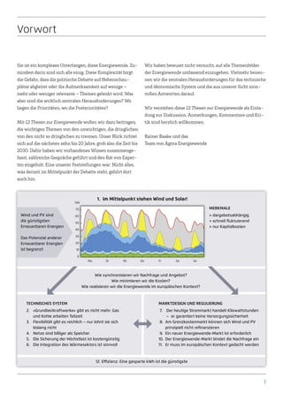 Vorwort


Sie ist ein komplexes Unterfangen, diese Energiewende. Zu-                Wir haben bewusst nicht versucht, auf alle Themenfelder
mindest darin sind sich alle einig. Diese Komplexität birgt               der Energiewende umfassend einzugehen. Vielmehr benen-
die Gefahr, dass die politische Debatte auf Nebenschau-                   nen wir die zentralen Herausforderungen für das technische
plätze abgleitet oder die Aufmerksamkeit auf wenige –                     und ökonomische System und die aus unserer Sicht sinn-
mehr oder weniger relevante – Themen gelenkt wird. Was                    vollen Antworten darauf.
aber sind die wirklich zentralen Herausforderungen? Wo
liegen die Prioritäten, wo die Posterioritäten?                           Wir verstehen diese 12 Thesen zur Energiewende als Einla-
                                                                          dung zur Diskussion. Anmerkungen, Kommentare und Kri-
Mit 12 Thesen zur Energiewende wollen wir dazu beitragen,                 tik sind herzlich willkommen.
die wichtigen Themen von den unwichtigen, die dringlichen
von den nicht so dringlichen zu trennen. Unser Blick richtet              Rainer Baake und das
sich auf die nächsten zehn bis 20 Jahre, grob also die Zeit bis           Team von Agora Energiewende
2030. Dafür haben wir vorhandenes Wissen zusammenge-
fasst, zahlreiche Gespräche geführt und den Rat von Exper-
ten eingeholt. Eine unserer Feststellungen war: Nicht alles,
was derzeit im Mittelpunkt der Debatte steht, gehört dort
auch hin.



                                             1. Im Mittelpunkt stehen Wind und Solar!
                                GW

                                70                                                                       MERKMALE
 Wind und PV sind               60                                                                       > dargebotsabhängig
 die günstigsten                50
                                                                                                         > schnell fluktuierend
 Erneuerbaren Energien                                                                                   > nur Kapitalkosten
                                40

                                30
 Das Potenzial anderer
 Erneuerbarer Energien          20

 ist begrenzt                   10

                                 0
                                        Mo        Di         Mi      Do         Fr       Sa        So



                                            Wie synchronisieren wir Nachfrage und Angebot?
                                                     Wie minimieren wir die Kosten?
                                     Wie realisieren wir die Energiewende im europäischen Kontext?



    TECHNISCHES SYSTEM                                                          MARKTDESIGN UND REGULIERUNG
    2. »Grundlastkraftwerke« gibt es nicht mehr: Gas                             7. Der heutige Strommarkt handelt Kilowattstunden
       und Kohle arbeiten Teilzeit                                                  – er garantiert keine Versorgungssicherheit
    3. Flexibilität gibt es reichlich – nur lohnt sie sich                       8. Am Grenzkostenmarkt können sich Wind und PV
       bislang nicht                                                                prinzipiell nicht refinanzieren
    4. Netze sind billiger als Speicher                                          9. Ein neuer Energiewende-Markt ist erforderlich
    5. Die Sicherung der Höchstlast ist kostengünstig                           10. Der Energiewende-Markt bindet die Nachfrage ein
    6. Die Integration des Wärmesektors ist sinnvoll                            11. Er muss im europäischen Kontext gedacht werden



                                             12. Effizienz: Eine gesparte kWh ist die günstigste




                                                                                                                                      1
 