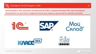 готовые интеграции с erp 12
CentroBit © 2010 – 2016 • Все права защищены
интеграции с erp, которые используются 80% предприятиями РФ, обеспечивают
возможность быстрого подключения для обмена данными в режиме онлайн
 