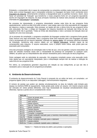 Entretanto, o computador não é capaz de compreender os comandos contidos neste programa (ou arquivo)
fonte, pois a única linguagem que o computador entende é a linguagem de baixo nível, conhecida como
linguagem de máquina, extremamente complexa e desagradável para os padrões humanos. Assim, deve
haver um processo de “tradução” que transforma o nosso programa fonte em um programa equivalente
escrito em linguagem de máquina. As duas principais maneiras de realizar este processo de tradução são
chamadas de interpretação e compilação.
No processo de interpretação, o programa interpretador analisa cada linha de seu programa fonte
separadamente, verifica se esta linha está correta e, caso esteja, gera uma linha equivalente em linguagem
de máquina e realiza a execução. Este processo se repete até que a última linha do seu programa tenha
sido executada. No final, o código em linguagem de máquina resultante da tradução das linhas de seu
programa fonte não é guardado. Todas as linhas são descartadas e todo o processo de tradução deve ser
repetido em uma nova execução.
Já no processo de compilação, o programa compilador da linguagem analisa todo o programa fonte gerado.
Caso nenhum erro seja encontrado, todo o programa fonte será traduzido para uma linguagem de baixo
nível e armazenado em um arquivo separado, chamado de arquivo objeto. Um processo adicional chamado
de linkedição, transforma este arquivo objeto em um arquivo executável, também capaz de ser
compreendido pela máquina. O arquivo executável, como o próprio nome indica, está pronto para ser
executado pelo computador.
Uma das principais vantagens da compilação está no fato de que, uma vez gerado o arquivo executável, ele
pode ser utilizado inúmeras vezes sem a necessidade da presença do compilador ou qualquer outro
utilitário, ao passo que os interpretadores são sempre necessários para a execução de seus programas.
Outra vantagem está na velocidade de execução. Um programa compilado possui uma execução muito
mais rápida que um equivalente interpretado, pois a interpretação sempre tem de realizar a tradução de
cada linha do seu programa fonte.
Por último, os compiladores garantem segurança em relação ao seu código-fonte, já que ele não é
necessário para a execução de um programa já compilado.

4. Ambiente de Desenvolvimento
O ambiente de desenvolvimento do Turbo Pascal é composto de um editor de texto, um compilador, um
programa ligador (link) e um depurador (debugger), harmonicamente integrados.
O número de janelas que podem ser abertas simultaneamente na área de trabalho está limitado pelo
espaço na memória RAM do equipamento. Cada janela pode conter um arquivo. Um mesmo arquivo pode
ser colocado em várias janelas diferentes, caso haja necessidade de visualizar simultaneamente áreas
diferentes. Apenas a janela ativa é completamente visível.

TECLAS
F5
F6
F3
F2
Alt+x
Alt+n
Alt+F3
Alt+F5
Alt+F9
Ctrl+Ins
Ctrl+F9
Shift+Del
Shift+F6
Shift+Ins

EFEITO
Zoom da janela ativa
Próxima janela
Abrir arquivo
Salvar arquivo
Sair do Turbo Pascal
Ativar a janela n
Fechar arquivo
Janela do Usuário
Compilar o programa
Copiar conteúdo marcado para a memória intermediária (clipboard)
Rodar o programa
Mover conteúdo marcado para o clipboard
Janela anterior
Colar o conteúdo copiado para o clipboard

Tabela 1.1 - Tabela de teclas de atalho para janelas e operações.
Apostila de Turbo Pascal 7.0

10

 