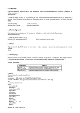 6.2. TextColor
Esse procedimento seleciona a cor que deverá ser usada na representação dos próximos caracteres no
vídeo. A sintaxe é:
textcolor(cor);
A cor é um inteiro na faixa [0..15] podendo ser uma das constantes da tabela anterior. Caso se deseje que o
caracter fique “piscando”, deve-se somar 16 ao valor da cor, ou somar à constante outra constante chamada
“blink”.
textcolor (2+16);
textcolor (red + blink);

{verde piscando}
{vermelho piscando}

6.3. Textbackground
Esse procedimento ajusta a cor de fundo a ser utilizada no modo texto colorido. Sua sintaxe:
textbackground(cor);
A cor é um inteiro na faixa [0..7].
textcolor(15); textbackground(0);

{letra branca com fundo preto}

6.4. Clrscr
O procedimento CLRSCR (clear screen) limpa o vídeo e coloca o cursor no canto esquerdo do mesmo.
Sintaxe:
Clrscr;

6.5. Gotoxy(x,y)
O procedimento gotoxy permite colocar caracteres de texto em qualquer lugar da tela. Seu objetivo é única
e exclusivamente posicionar o cursor numa coordenada informada através dos parâmetros X e Y.
Sintaxe: gotoxy(x,y);
COMANDO
gotoxy(1,1);
gotoxy(40,25);
gotoxy(80,12);

EFEITO
Coloca o cursor no canto superior esquerdo da tela.
Coloca o cursor no meio da última linha do vídeo.
Coloca o cursor no final da linha do meio do vídeo.

Exemplo:
Program calcula_resistência_elétrica;
uses crt;
const titulo = ‘CÁLCULO DA RESISTÊNCIA ELÉTRICA’;
unidade = #32#234; {espaço junto com o símbolo da resistência, o ohm - Ω}
var
corrente, ddp, R: real;
begin
textmode(c40);
textcolor(0);
textbackground(7);
gotoxy(4,1);
write(titulo);
textcolor(15);
textbackground(0);
gotoxy(6,7);
write(‘U’);
gotoxy(1,8);
write(‘R=___=___=’);
gotoxy(6,9);
write(‘l’);
Apostila de Turbo Pascal 7.0

23

 