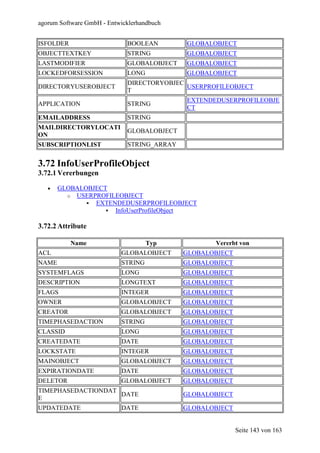 agorum Software GmbH - Entwicklerhandbuch


ISFOLDER                     BOOLEAN        GLOBALOBJECT
OBJECTTEXTKEY                STRING         GLOBALOBJECT
LASTMODIFIER                 GLOBALOBJECT   GLOBALOBJECT
LOCKEDFORSESSION             LONG           GLOBALOBJECT
                             DIRECTORYOBJEC
DIRECTORYUSEROBJECT                         USERPROFILEOBJECT
                             T
                                            EXTENDEDUSERPROFILEOBJE
APPLICATION                  STRING
                                            CT
EMAILADDRESS                 STRING
MAILDIRECTORYLOCATI
                             GLOBALOBJECT
ON
SUBSCRIPTIONLIST             STRING_ARRAY


3.72 InfoUserProfileObject
3.72.1 Vererbungen

   •   GLOBALOBJECT
         o USERPROFILEOBJECT
                EXTENDEDUSERPROFILEOBJECT
                     InfoUserProfileObject

3.72.2 Attribute

           Name                     Typ            Vererbt von
ACL                        GLOBALOBJECT     GLOBALOBJECT
NAME                       STRING           GLOBALOBJECT
SYSTEMFLAGS                LONG             GLOBALOBJECT
DESCRIPTION                LONGTEXT         GLOBALOBJECT
FLAGS                      INTEGER          GLOBALOBJECT
OWNER                      GLOBALOBJECT     GLOBALOBJECT
CREATOR                    GLOBALOBJECT     GLOBALOBJECT
TIMEPHASEDACTION           STRING           GLOBALOBJECT
CLASSID                    LONG             GLOBALOBJECT
CREATEDATE                 DATE             GLOBALOBJECT
LOCKSTATE                  INTEGER          GLOBALOBJECT
MAINOBJECT                 GLOBALOBJECT     GLOBALOBJECT
EXPIRATIONDATE             DATE             GLOBALOBJECT
DELETOR                    GLOBALOBJECT     GLOBALOBJECT
TIMEPHASEDACTIONDAT
                    DATE                    GLOBALOBJECT
E
UPDATEDATE                 DATE             GLOBALOBJECT


                                                           Seite 143 von 163
 