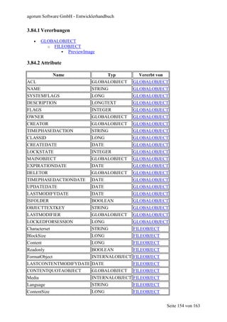 agorum Software GmbH - Entwicklerhandbuch


3.84.1 Vererbungen

   •    GLOBALOBJECT
          o FILEOBJECT
                 PreviewImage

3.84.2 Attribute

               Name                   Typ      Vererbt von
ACL                           GLOBALOBJECT   GLOBALOBJECT
NAME                          STRING         GLOBALOBJECT
SYSTEMFLAGS                   LONG           GLOBALOBJECT
DESCRIPTION                   LONGTEXT       GLOBALOBJECT
FLAGS                         INTEGER        GLOBALOBJECT
OWNER                         GLOBALOBJECT   GLOBALOBJECT
CREATOR                       GLOBALOBJECT   GLOBALOBJECT
TIMEPHASEDACTION              STRING         GLOBALOBJECT
CLASSID                       LONG           GLOBALOBJECT
CREATEDATE                    DATE           GLOBALOBJECT
LOCKSTATE                     INTEGER        GLOBALOBJECT
MAINOBJECT                    GLOBALOBJECT   GLOBALOBJECT
EXPIRATIONDATE                DATE           GLOBALOBJECT
DELETOR                       GLOBALOBJECT   GLOBALOBJECT
TIMEPHASEDACTIONDATE          DATE           GLOBALOBJECT
UPDATEDATE                    DATE           GLOBALOBJECT
LASTMODIFYDATE                DATE           GLOBALOBJECT
ISFOLDER                      BOOLEAN        GLOBALOBJECT
OBJECTTEXTKEY                 STRING         GLOBALOBJECT
LASTMODIFIER                  GLOBALOBJECT   GLOBALOBJECT
LOCKEDFORSESSION              LONG           GLOBALOBJECT
Characterset                  STRING         FILEOBJECT
BlockSize                     LONG           FILEOBJECT
Content                       LONG           FILEOBJECT
Readonly                      BOOLEAN        FILEOBJECT
FormatObject                  INTERNALOBJECT FILEOBJECT
LASTCONTENTMODIFYDATE DATE                   FILEOBJECT
CONTENTQUOTAOBJECT            GLOBALOBJECT   FILEOBJECT
Media                         INTERNALOBJECT FILEOBJECT
Language                      STRING         FILEOBJECT
ContentSize                   LONG           FILEOBJECT


                                                             Seite 154 von 163
 