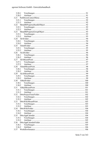 agorum Software GmbH - Entwicklerhandbuch

     3.20.1 Vererbungen ..................................................................................................... 91
     3.20.2 Attribute ........................................................................................................... 91
  3.21 PullDownContextMenu............................................................................................ 92
     3.21.1 Vererbungen ..................................................................................................... 92
     3.21.2 Attribute ........................................................................................................... 92
  3.22 MetaDbPropertyBundleObject................................................................................. 92
     3.22.1 Vererbungen ..................................................................................................... 92
     3.22.2 Attribute ........................................................................................................... 93
  3.23 MetaDbPropertyGroupObject .................................................................................. 93
     3.23.1 Vererbungen ..................................................................................................... 93
     3.23.2 Attribute ........................................................................................................... 93
  3.24 AFsFolder................................................................................................................. 94
     3.24.1 Vererbungen ..................................................................................................... 94
     3.24.2 Attribute ........................................................................................................... 94
  3.25 ASmbFolder ............................................................................................................. 95
     3.25.1 Vererbungen ..................................................................................................... 95
     3.25.2 Attribute ........................................................................................................... 95
  3.26 ALfsFolder ............................................................................................................... 96
     3.26.1 Vererbungen ..................................................................................................... 96
     3.26.2 Attribute ........................................................................................................... 96
  3.27 AFsMountPoint ........................................................................................................ 97
     3.27.1 Vererbungen ..................................................................................................... 97
     3.27.2 Attribute ........................................................................................................... 97
  3.28 ASmbMountPoint..................................................................................................... 98
     3.28.1 Vererbungen ..................................................................................................... 98
     3.28.2 Attribute ........................................................................................................... 98
  3.29 ALfsMountPoint....................................................................................................... 99
     3.29.1 Vererbungen ..................................................................................................... 99
     3.29.2 Attribute ........................................................................................................... 99
  3.30 AMailFolder ........................................................................................................... 100
     3.30.1 Vererbungen ................................................................................................... 100
     3.30.2 Attribute ......................................................................................................... 100
  3.31 AMailMountPoint .................................................................................................. 101
     3.31.1 Vererbungen ................................................................................................... 101
     3.31.2 Attribute ......................................................................................................... 101
  3.32 D4wProjectTimeFolder .......................................................................................... 102
     3.32.1 Vererbungen ................................................................................................... 102
     3.32.2 Attribute ......................................................................................................... 102
  3.33 D4wWikiMountPoint ............................................................................................. 103
     3.33.1 Vererbungen ................................................................................................... 103
     3.33.2 Attribute ......................................................................................................... 103
  3.34 D4wWikiFolder...................................................................................................... 104
    3.34.1  Vererbungen ................................................................................................... 104
    3.34.2  Attribute ......................................................................................................... 104
  3.35 D4wAppCalendar................................................................................................... 104
    3.35.1  Vererbungen ................................................................................................... 104
    3.35.2  Attribute ......................................................................................................... 105
  3.36 D4wAppCalendarFolder ........................................................................................ 105
    3.36.1  Vererbungen ................................................................................................... 105
    3.36.2  Attribute ......................................................................................................... 106
  3.37 WorkflowInstance .................................................................................................. 106

                                                                                                              Seite 5 von 163
 