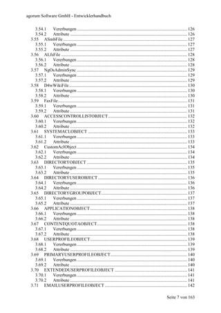 agorum Software GmbH - Entwicklerhandbuch

     3.54.1 Vererbungen ................................................................................................... 126
     3.54.2 Attribute ......................................................................................................... 126
  3.55 ASmbFile ............................................................................................................... 127
    3.55.1  Vererbungen ................................................................................................... 127
    3.55.2  Attribute ......................................................................................................... 127
  3.56 ALfsFile ................................................................................................................. 128
    3.56.1  Vererbungen ................................................................................................... 128
    3.56.2  Attribute ......................................................................................................... 128
  3.57 NgOsAdminSync ................................................................................................... 129
    3.57.1  Vererbungen ................................................................................................... 129
    3.57.2  Attribute ......................................................................................................... 129
  3.58 D4wWikiFile.......................................................................................................... 130
    3.58.1  Vererbungen ................................................................................................... 130
    3.58.2  Attribute ......................................................................................................... 130
  3.59 FaxFile.................................................................................................................... 131
    3.59.1  Vererbungen ................................................................................................... 131
    3.59.2  Attribute ......................................................................................................... 131
  3.60 ACCESSCONTROLLISTOBJECT....................................................................... 132
     3.60.1 Vererbungen ................................................................................................... 132
     3.60.2 Attribute ......................................................................................................... 132
  3.61 SYSTEMACLOBJECT ......................................................................................... 133
     3.61.1 Vererbungen ................................................................................................... 133
     3.61.2 Attribute ......................................................................................................... 133
  3.62 CustomAclObject ................................................................................................... 134
     3.62.1 Vererbungen ................................................................................................... 134
     3.62.2 Attribute ......................................................................................................... 134
  3.63 DIRECTORYOBJECT .......................................................................................... 135
     3.63.1 Vererbungen ................................................................................................... 135
     3.63.2 Attribute ......................................................................................................... 135
  3.64 DIRECTORYUSEROBJECT ................................................................................ 136
     3.64.1 Vererbungen ................................................................................................... 136
     3.64.2 Attribute ......................................................................................................... 136
  3.65 DIRECTORYGROUPOBJECT............................................................................. 137
    3.65.1  Vererbungen ................................................................................................... 137
    3.65.2  Attribute ......................................................................................................... 137
  3.66 APPLICATIONOBJECT ....................................................................................... 138
    3.66.1  Vererbungen ................................................................................................... 138
    3.66.2  Attribute ......................................................................................................... 138
  3.67 CONTENTQUOTAOBJECT................................................................................. 138
    3.67.1  Vererbungen ................................................................................................... 138
    3.67.2  Attribute ......................................................................................................... 138
  3.68 USERPROFILEOBJECT....................................................................................... 139
    3.68.1  Vererbungen ................................................................................................... 139
    3.68.2  Attribute ......................................................................................................... 139
  3.69 PRIMARYUSERPROFILEOBJECT..................................................................... 140
    3.69.1  Vererbungen ................................................................................................... 140
    3.69.2  Attribute ......................................................................................................... 140
  3.70 EXTENDEDUSERPROFILEOBJECT ................................................................. 141
    3.70.1  Vererbungen ................................................................................................... 141
    3.70.2  Attribute ......................................................................................................... 141
  3.71 EMAILUSERPROFILEOBJECT .......................................................................... 142

                                                                                                               Seite 7 von 163
 