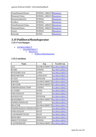 agorum Software GmbH - Entwicklerhandbuch


TransParameterNames         STRING_ARRAY MenuEntry
ParameterValues             STRING_ARRAY MenuEntry
ParameterIdentifier         STRING          MenuEntry
TextKey                     STRING          MenuEntry
TransParameterValues        STRING_ARRAY MenuEntry
ParameterNames              STRING_ARRAY MenuEntry
Action                      STRING          MenuEntry
Sortorder                   LONG            MenuEntry


3.15 PullDownMenuSeperator
3.15.1 Vererbungen

   •     GLOBALOBJECT
           o FOLDEROBJECT
                  MenuEntry
                       PullDownMenuSeperator

3.15.2 Attribute

            Name                   Typ         Vererbt von
ACL                         GLOBALOBJECT GLOBALOBJECT
NAME                        STRING          GLOBALOBJECT
SYSTEMFLAGS                 LONG            GLOBALOBJECT
DESCRIPTION                 LONGTEXT        GLOBALOBJECT
FLAGS                       INTEGER         GLOBALOBJECT
OWNER                       GLOBALOBJECT GLOBALOBJECT
CREATOR                     GLOBALOBJECT GLOBALOBJECT
TIMEPHASEDACTION            STRING          GLOBALOBJECT
CLASSID                     LONG            GLOBALOBJECT
CREATEDATE                  DATE            GLOBALOBJECT
LOCKSTATE                   INTEGER         GLOBALOBJECT
MAINOBJECT                  GLOBALOBJECT GLOBALOBJECT
EXPIRATIONDATE              DATE            GLOBALOBJECT
DELETOR                     GLOBALOBJECT GLOBALOBJECT
TIMEPHASEDACTIONDATE DATE                   GLOBALOBJECT
UPDATEDATE                  DATE            GLOBALOBJECT
LASTMODIFYDATE              DATE            GLOBALOBJECT
ISFOLDER                    BOOLEAN         GLOBALOBJECT
OBJECTTEXTKEY               STRING          GLOBALOBJECT
LASTMODIFIER                GLOBALOBJECT GLOBALOBJECT


                                                             Seite 86 von 163
 