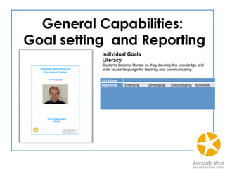 General Capabilities:
Goal setting and Reporting
2013	
  Goal 	
  
Beginning	
   Emerging Developing	
   Consolida3ng	
   Achieved	
  
	
  	
  
	
  	
  
	
  	
  
	
  	
  
	
  
Individual Goals
Literacy
Students become literate as they develop the knowledge and
skills to use language for learning and communicating.
 