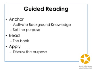 Guided Reading
•  Anchor
– Activate Background Knowledge
– Set the purpose
•  Read
– The book
•  Apply
– Discuss the purpose
 