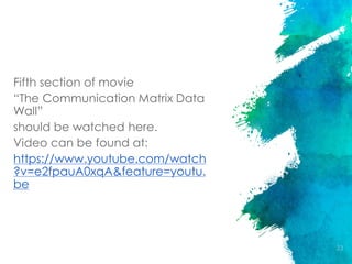 Fifth section of movie
“The Communication Matrix Data
Wall”
should be watched here.
Video can be found at:
https://www.youtube.com/watch
?v=e2fpauA0xqA&feature=youtu.
be
33
 