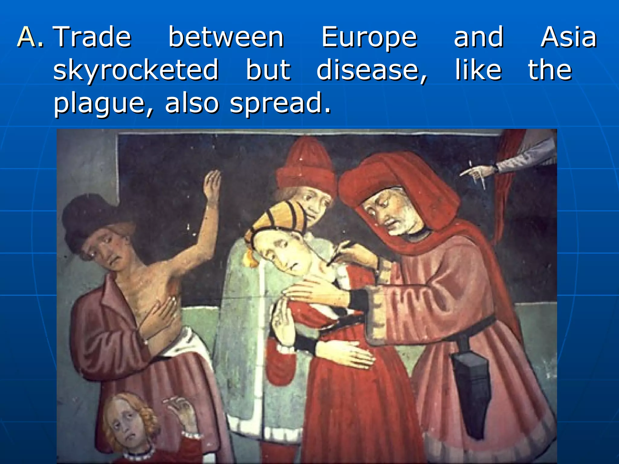 Trade between Europe and Asia skyrocketed but disease, like the  plague, also spread. 
