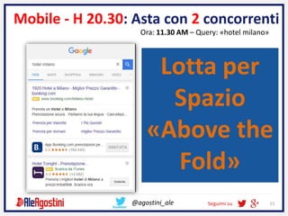 Seguimi su 15@agostini_ale
Mobile - H 20.30: Asta con 2 concorrenti
Ora: 11.30 AM – Query: «hotel milano»
Lotta per
Spazio...