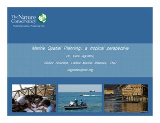 Marine Spatial Planning: a tropical perspective
                     Dr. Vera Agostini,
      Senior Scientist, Global Marine Initiative, TNC
                      vagostini@tnc.org




       Vera Agostini, TNC            Steve Schill, TNC
 
