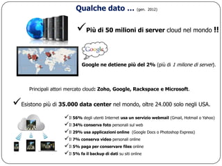 Qualche dato …                 (gen. 2012)




                           Più di 50 milioni di server cloud nel mondo !!

                              Google ne detiene più del 2% (più di 1 milione di server).



      Principali attori mercato cloud: Zoho, Google, Rackspace e Microsoft.


Esistono più di 35.000 data center nel mondo, oltre 24.000 solo negli USA.
                     Il 56% degli utenti Internet usa un servizio webmail (Gmail, Hotmail o Yahoo)
                     Il 34% conserva foto personali sul web
                     Il 29% usa applicazioni online (Google Docs o Photoshop Express)
                     Il 7% conserva video personali online
                     Il 5% paga per conservare files online
                     Il 5% fa il backup di dati su siti online
 