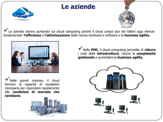 Le aziende


Le aziende stanno puntando sul cloud computing poiché il cloud unisce due dei fattori oggi ritenuti
fondamentali: l'efficienza e l'ottimizzazione delle risorse hardware e software e la business agility.



                                                   Nelle PMI, il cloud computing permette di ridurre
                                                   i costi delle infrastrutture, ridurre la complessità
                                                   gestionale e aumentare la business agility.




Nelle     grandi imprese, il cloud
fornisce la capacità di escalation
necessaria per rispondere rapidamente
alle condizioni di mercato che
cambiano.
 