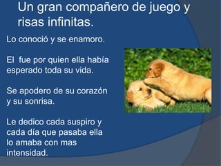Un gran compañero de juego y risas infinitas.Lo conoció y se enamoro.El  fue por quien ella había esperado toda su vida. Se apodero de su corazón y su sonrisa. Le dedico cada suspiro y cada día que pasaba ella lo amaba con mas intensidad.