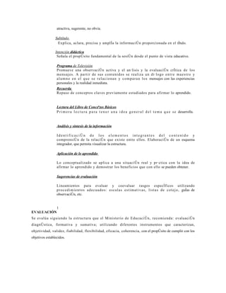 atractiva, sugerente, no obvia.

                Subtítulo
                 Explica, aclara, precisa y amplía la información proporcionada en el título.

                Intención didáctica
                 Señala el propósito fundamental de la sesión desde el punto de vista educativo.

                 Programa de Televisión
                 Promueve una observación activa y el análisis y la evaluación crítica de los
                 mens aj es . A part ir de sus cont enidos s e real iza un diálogo e n t r e m a e s t r o y
                 a l u m n o e n e l q u e s e r e l a c i o n a n y c o m p a r a n l o s mensajes con las experiencias
                 personales y la realidad inmediata.
                 Recuerda
                 Repaso de conceptos claves previamente estudiados para afirmar lo aprendido.


                 Lectura del Libro de Conceptos Básicos
                 P r i m e r a l e c t u r a p a r a t e n e r u n a i d e a g e n e r a l d e l t e m a q u e s e desarrolla.


                 Análisis y síntesis de la información

                 Identificación de los elementos integrantes del contenido y
                 comprensión de la relación que existe entre ellos. Elaboración de un esquema
                 integrador, que permita visualizar la estructura.

                 Aplicación de lo aprendido

                 Lo conceptualizado se aplica a una situación real y práctica con la idea de
                 afirmar lo aprendido y demostrar los beneficios que con ello se pueden obtener.

                 Sugerencias de evaluación

                 Lineamientos para evaluar y coevaluar rasgos específicos utilizando
                 pr oc ed i m i e nt os ad ec ua do s : es ca l a s es t i m at i v as , l i s t a s d e c ot ej o, guías de
                 observación, etc.


                 1
EVALUACIÓN
Se evalúa siguiendo la estructura que el Ministerio de Educación, recomienda: evaluación
diagnóstica, formativa y sumativa; utilizando diferentes instrumentos que caracterizan,
objetividad, validez, fiabilidad, flexibilidad, eficacia, coherencia, con el propósito de cumplir con los
objetivos establecidos.
 