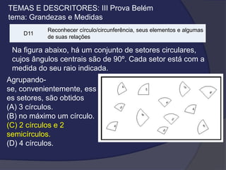 TEMAS E DESCRITORES: III Prova Belém
tema: Grandezas e Medidas
D11

Reconhecer círculo/circunferência, seus elementos e algumas
de suas relações

Na figura abaixo, há um conjunto de setores circulares,
cujos ângulos centrais são de 90º. Cada setor está com a
medida do seu raio indicada.

Agrupandose, convenientemente, ess
es setores, são obtidos
(A) 3 círculos.
(B) no máximo um círculo.
(C) 2 círculos e 2
semicírculos.
(D) 4 círculos.

 