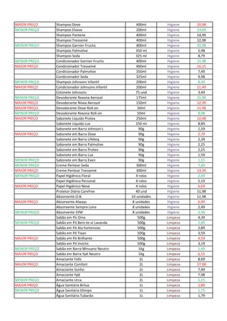 MAIOR PREÇO Shampoo Dove 400ml Higiene 20,98
MENOR PREÇO Shampoo Elseve 200ml Higiene 13,69
Shampoo Pantene 400ml Higiene 14,99
Shampoo Tressemé 400ml Higiene 12,98
MENOR PREÇO Shampoo Garnier Fructis 400ml Higiene 10,98
Shampoo Palmolive 350 ml Higiene 5,98
Shampoo Seda 325 ml Higiene 8,79
MENOR PREÇO Condicionador Garnier Fructis 400ml Higiene 11,98
MAIOR PREÇO Condicionador Tressemé 400ml Higiene 16,25
Condicionador Palmolive 350ml Higiene 7,49
Condicionador Seda 325ml Higiene 9,98
MENOR PREÇO Shampoo Johnsons Infantil 200ml Higiene 8,49
MAIOR PREÇO Condicionador Johnsons Infantil 200ml Higiene 11,49
Cotonete Johnsons 75 und Higiene 3,49
MENOR PREÇO Desodorante Rexona Aerosol 175ml Higiene 11,98
MAIOR PREÇO Desodorante Nívea Aerosol 150ml Higiene 12,99
MAIOR PREÇO Desodorante Dove Roll-on 50ml Higiene 11,98
MENOR PREÇO Desodorante Rexona Roll-on 50ml Higiene 8,98
MAIOR PREÇO Sabonete Líquido Protex 250ml Higiene 10,48
Sabonete Líquido Lux 250 ml Higiene 8,89
Sabonete em Barra Johnson's 90g Higiene 1,59
MAIOR PREÇO Sabonete em Barra Dove 90g Higiene 2,79
Sabonete em Barra Lifeboy 90g Higiene 2,39
Sabonete em Barra Palmolive 90g Higiene 2,25
Sabonete em Barra Protex 90g Higiene 2,25
Sabonete em Barra Lux 90g Higiene 1,59
MENOR PREÇO Sabonete em Barra Even 90g Higiene 1,15
MENOR PREÇO Creme Pentear Seda 300ml Higiene 7,49
MAIOR PREÇO Creme Pentear Tressemé 300ml Higiene 13,39
MENOR PREÇO Papel Higiênico Floral 4 rolos Higiene 2,49
Papel Higiênico Personal 4 rolos Higiene 5,19
MAIOR PREÇO Papel Higiênico Neve 4 rolos Higiene 6,69
Protetor Diário Carefree 40 und Higiene 11,98
Absorvente O.B. 10 unidades Higiene 12,98
MAIOR PREÇO Absorvente Always 8 unidades Higiene 6,49
Absorvente Sempre Livre 8 unidades Higiene 2,49
MENOR PREÇO Absorvente SYM 8 unidades Higiene 2,39
Sabão em Pó Omo 500g Limpeza 4,39
MENOR PREÇO Sabão em Pó Bem-te-vi Lavanda 500g Limpeza 2,49
Sabão em Pó Ala hortensias 500g Limpeza 2,89
Sabão em Pó Tixan 500g Limpeza 3,59
MAIOR PREÇO Sabão em Pó Brilhante 500g Limpeza 4,59
Sabão em Pó Invicto 500g Limpeza 3,19
MENOR PREÇO Sabão em Barra Minuano Neutro 1Kg Limpeza 5,49
MAIOR PREÇO Sabão em Barra Ypê Neutro 1Kg Limpeza 6,55
Amaciante Fofo 2L Limpeza 8,69
MAIOR PREÇO Amaciante Comfort 2L Limpeza 17,98
Amaciante Sonho 2L Limpeza 7,49
Amaciante Ypê 2L Limpeza 7,98
MENOR PREÇO Amaciante Urca 2L Limpeza 5,25
MAIOR PREÇO Água Sanitária Brilux 1L Limpeza 2,89
MENOR PREÇO Água Sanitária Olimpo 1L Limpeza 1,75
Água Sanitária Tubarão 1L Limpeza 1,79
 