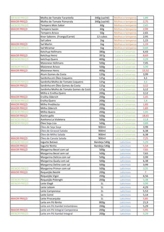 MENOR PREÇO Molho de Tomate Tarantella 340g (sachê) Molhos e temperos 1,89
MAIOR PREÇO Molho de Tomate Pomarola 340g (sachê) Molhos e temperos 2,75
MENOR PREÇO Tempero Mais Sabor 60g Molhos e temperos 2,45
MAIOR PREÇO Tempero Sazón 60g Molhos e temperos 2,99
Tempero Arisco 50g Molhos e temperos 2,65
Knor Sabores (Frango/Carne) 12 cubos Molhos e temperos 2,95
Sal Lebre 1kg Molhos e temperos 1,15
MAIOR PREÇO Sal Marlin 1kg Molhos e temperos 1,19
MENOR PREÇO Sal Miramar 1kg Molhos e temperos 0,69
Ketchup Hellmans 380g Latas e Conservas 6,43
MAIOR PREÇO Ketchup Heinz 397g Latas e Conservas 8,69
MENOR PREÇO ketchup Quero 400g Latas e Conservas 3,29
Maionese Hellmans 500g Latas e Conservas 7,45
MENOR PREÇO Maionese Arisco 500g Latas e Conservas 3,99
MAIOR PREÇO Maionese Heinz 400g Latas e Conservas 12,52
Atum Gomes da Costa 120g Latas e Conservas 3,99
Sardinha em Óleo Coqueiro 125g Latas e Conservas 3,1
MENOR PREÇO Sardinha Molho de Tomate Coqueiro 125g Latas e Conservas 3,1
MAIOR PREÇO Sardinha em Óleo Gomes da Costa 125g Latas e Conservas 3,12
Sardinha Molho de Tomate Gomes da Costa 125g Latas e Conservas 3,12
Milho e Ervilha Quero 200g Latas e Conservas 3,12
MAIOR PREÇO Ervilha Oderich 200g Latas e Conservas 1,45
MENOR PREÇO Erviha Quero 200g Latas e Conservas 1,4
MAIOR PREÇO Milho Predilecta 200g Latas e Conservas 1,83
MAIOR PREÇO Milho Oderich 200g Latas e Conservas 1,83
MENOR PREÇO Milho Quero 200g Latas e Conservas 1,45
MAIOR PREÇO Azeite gallo 500g Latas e Conservas 18,65
MENOR PREÇO Azeitona La Violetera 500g Latas e Conservas 11,8
MENOR PREÇO Óleo Soja Liza 500g Latas e Conservas 3,89
Óleo de Soja Soya 900ml Latas e Conservas 3,99
Óleo de Girassol Salada 900ml Latas e Conservas 6,38
Óleo de Milho Salada 900ml Latas e Conservas 6,38
MAIOR PREÇO Óleo de Canola Salada 900ml Latas e Conservas 7,25
MENOR PREÇO Iogurte Batavo Bandeja 540g Laticínios 5,29
MAIOR PREÇO Iogurte Ninho Bandeja 540g Laticínios 5,54
MAIOR PREÇO Margarina Becel com sal 500g Laticínios 7,65
Margarina Becel sem sal 500g Laticínios 7,65
Margarina Delícia com sal 500g Laticínios 3,99
Margarina Qualy com sal 500g Laticínios 6,38
Margarina Deline com sal 500g Laticínios 3,99
MENOR PREÇO Margarina Primor com sal 500g Laticínios 3,35
MAIOR PREÇO Requeijão Nestlé 200g Laticínios 7
Requeijão Vigor 200g Laticínios 6,56
MENOR PREÇO Requeijão Polenghi 200g Laticínios 5,38
MENOR PREÇO Leite Elegê 1L Laticínios 3,99
Leite Lebom 1L Laticínios 4,29
Leite Camponesa 1L Laticínios 5,53
Leite Cemil 1L Laticínios 5,14
MAIOR PREÇO Leite Piracanjuba 1L Laticínios 5,85
Leite em Pó Ninho 800g Laticínios 21,9
Leite em Pó Itambé Instantâneo 200g Laticínios 5,29
MAIOR PREÇO Leite em Pó Integral Camponesa 200g Laticínios 5,95
MENOR PREÇO Leite em Pó Itambé Integral 200g Laticínios 5,29
 