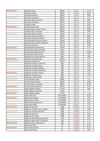 MAIOR PREÇO Shampoo Dove 400ml Higiene 15,89
Shampoo Elseve 200ml Higiene 12,55
Shampoo Pantene 400ml Higiene 9,98
MENOR PREÇO Shampoo Tressemé 400ml Higiene 9,39
Shampoo Garnier Fructis 400ml Higiene 9,87
Shampoo Palmolive 350 ml Higiene 9,78
Shampoo Seda 325 ml Higiene 9,62
MAIOR PREÇO Condicionador Dove 400ml Higiene 16,89
Condicionador Garnier Fructis 400ml Higiene 10,98
Condicionador Tressemé 400ml Higiene 9,98
MENOR PREÇO Condicionador Palmolive 350ml Higiene 9,78
Shampoo Johnsons Infantil 200ml Higiene 8,99
Shampoo Infantil da Mônica 200 ml Higiene 8,99
Condicionador Johnsons Infantil 200ml Higiene 10,95
Condicionador Infantil da Mônica 200 ml Higiene 10,95
Cotonete Johnsons 75 und Higiene 2,96
MAIOR PREÇO Desodorante Dove Aerosol 169ml Higiene 15,55
MENOR PREÇO Desodorante Rexona Aerosol 175ml Higiene 12,5
Desodorante Nívea Aerosol 150ml Higiene 13,48
Desodorante Dove Roll-on 50ml Higiene 7,99
Desodorante Rexona Roll-on 50ml Higiene 7,99
MAIOR PREÇO Sabonete Líquido Protex 250ml Higiene 9,38
MENOR PREÇO Sabonete Líquido Lux 250 ml Higiene 6,5
Sabonete em Barra Johnson's 90g Higiene 1,42
Sabonete em Barra Dove 90g Higiene 2,06
Sabonete em Barra Lifeboy 90g Higiene 1,75
Sabonete em Barra Palmolive 90g Higiene 1,44
MAIOR PREÇO Sabonete em Barra Protex 90g Higiene 2,29
Sabonete em Barra Lux 90g Higiene 1,19
MENOR PREÇO Sabonete em Barra Even 90g Higiene 1,15
MENOR PREÇO Creme Pentear Seda 300ml Higiene 7,48
Creme Pentear Elseve 250ml Higiene 9,98
Creme Pentear Tressemé 300ml Higiene 11,98
MAIOR PREÇO Creme Pentear Pantene 240 ml Higiene 14,62
Papel Higiênico Alpino 4 rolos Higiene 4,68
MENOR PREÇO Papel Higiênico Personal 4 rolos Higiene 2,6
MAIOR PREÇO Papel Higiênico Neve 4 rolos Higiene 5,99
Absorvente O.B. 10 unidades Higiene 11,76
MAIOR PREÇO Absorvente Always 8 unidades Higiene 4,86
Absorvente Intimus 8 unidades Higiene 2,76
Absorvente Sempre Livre 8 unidades Higiene 2,63
MENOR PREÇO Absorvente SYM 8 unidades Higiene 2,44
MAIOR PREÇO Sabão em Pó Omo 500g Limpeza 4,59
Sabão em Pó Bem-te-vi Lavanda 500g Limpeza 2,98
MENOR PREÇO Sabão em Pó Ala hortensias 500g Limpeza 2,89
Sabão em Pó Tixan 500g Limpeza 3,59
Sabão em Pó Invicto 500g Limpeza 3,47
Sabão em Barra Minuano Neutro 1Kg Limpeza 6,15
MENOR PREÇO Sabão em Barra Bem-ti-vi Neutro 1Kg Limpeza 4,78
MAIOR PREÇO Sabão em Barra Ypê Neutro 1Kg Limpeza 6,19
Amaciante Fofo 2L Limpeza 11,73
MAIOR PREÇO Amaciante Comfort 2L Limpeza 14,69
Amaciante Sonho 2L Limpeza 6,93
 