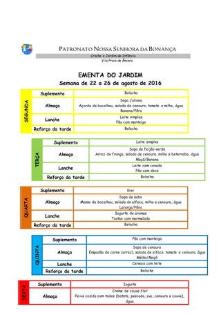 PATRONATO NOSSA SENHORA DA BONANÇA
Creche e Jardim-de-Infância
Vila Praia de Âncora
EMENTA DO JARDIM
Semana de 22 a 26 de agosto de 2016
SEGUNDA
Suplemento Bolacha
Almoço
Sopa Juliana
Açorda de bacalhau, salada de cenoura, tomate e milho, água
Banana/Pêra
Lanche
Leite simples
Pão com manteiga
Reforço da tarde Bolacha
TERÇA
Suplemento Leite simples
Almoço
Sopa de feijão-verde
Arroz de frango, salada de cenoura, milho e beterraba, água
Maçã/Banana
Lanche
Leite com cevada
Pão com doce
Reforço da tarde Bolacha
QUARTA
Suplemento Kiwi
Almoço
Sopa de nabo
Massa de bacalhau, salada de alface, milho e cenoura, água
Laranja/Pêra
Lanche
Iogurte de aromas
Tostas com marmelada
Reforço da tarde Bolacha
QUINTA
Suplemento Pão com manteiga
Almoço
Sopa de cenoura
Empadão de carne (arroz), salada de alface, tomate e cenoura, água
Melão/Maçã
Lanche Cereais com leite
Reforço da tarde Bolacha
SEXTA
Suplemento Iogurte
Almoço
Creme de couve-flor
Peixe cozido com todos (batata, pescada, ovo, cenoura e couve),
água
 