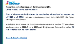 Mecanismo de clasificación del inventario ISPE.
Criterios No3 :Meta del indicador
Para el sistema de indicadores de resultados educativos las metas son
al 2020 y al 2030, coexisten indicadores con metas de la END-2030 y los Planes
Estratégicos Institucionales.
Actualmente en el sistema de resultados educativos existe un total de 35 indicadores
que tienen metas al 2020, 9 son al 2030, solo 3 indicadores tienen ambas metas, 46
indicadores aun no tiene metas.
Link. (Ir Base Codificada)
 