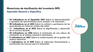 • 34 indicadores en el Apartado AG3 Sobre la democratización
e igualdad de oportunidades para acceder a la educación.
• 20 indicadores en el AG4 Sobre la calidad y pertinencia de los
aprendizajes en todos los niveles del saber.
• 11 indicadores en el AG5 Sobre la dignificación y desarrollo
de la carrera docente.
• 22 indicadores en AG6 Sobre la instalación de una cultura de
evaluación en el sistema educativo dominicano.
• 2 indicadores en AG7 Sobre la modernización de la gestión del
sistema educativo.
• 1 indicadores en el AG8 Sobre el adecuado financiamiento y
movilización de recursos para la educación.
Mecanismo de clasificación del inventario ISPE.
Apartado General y Especifico
 
