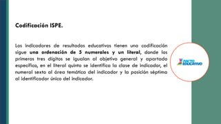Los indicadores de resultados educativos tienen una codificación
sigue una ordenación de 5 numerales y un literal, donde los
primeros tres dígitos se igualan al objetivo general y apartado
específico, en el literal quinto se identifica la clase de indicador, el
numeral sexto al área temática del indicador y la posición séptima
al identificador único del indicador.
Codificación ISPE.
 