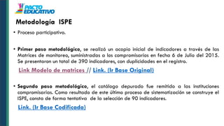 • Proceso participativo.
• Primer paso metodológico, se realizó un acopio inicial de indicadores a través de las
Matrices de monitoreo, suministradas a los compromisarios en fecha 6 de Julio del 2015.
Se presentaron un total de 390 indicadores, con duplicidades en el registro.
Link Modelo de matrices // Link. (Ir Base Original)
• Segundo paso metodológico, el catálogo depurado fue remitido a las instituciones
compromisarias. Como resultado de este último proceso de sistematización se construye el
ISPE, consta de forma tentativa de la selección de 90 indicadores.
Link. (Ir Base Codificada)
Metodología ISPE
 