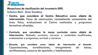 • Centro, que considera al Centro Educativo como objeto de
intervención. Fases de construcción, remodelación saneamiento del
área física, evaluaciones al Centro realizadas y programas
formativos ofrecidos.
• Currículo, que considera la maya curricular como objeto de
intervención. Rediseño curricular, carreras y contenidos modificados,
evaluaciones a programas, currículo y carreras.
• Docente, que considera como objeto de intervención al docente.
Capacitaciones, acreditaciones, otorgamiento de becas,
certificaciones, concurso de oposición y habilitaciones.
Mecanismo de clasificación del inventario ISPE.
Criterios No2 : Área Temática
 
