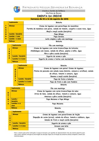 PATRONATO NOSSA SENHORA DA BONANÇA
Creche e Jardim-de-Infância
Vila Praia de Âncora
EMENTA DA CRECHE
Semana de 10 a 14 de agosto de 2015
S
E
G
U
N
D
A
Suplemento Bolacha
Almoço Creme de legumes com peixe/Sopa de massinhas
Farinha de mandioca com peixe, salada de tomate, curgete e couve roxa, água
Maçã e maçã cozida (berçário)
Lanche - berçário Papa Milupa
Lanche – 1 ano Papa Cerelac
Lanche – 2 anos Leite simples e pão com manteiga
Reforço Bolacha
T
E
R
Ç
A
Suplemento Pão com manteiga
Almoço Creme de legumes com carne branca/Sopa de brócolos
Almôndegas com massa, salada de alface, pepino e milho, água
Pêra e pêra cozida (berçário)
Lanche - berçário Iogurte de aroma e pão
Lanche: 1 e 2 anos Iogurte de aroma e tostas com marmelada
Reforço
Q
U
A
R
T
A
Suplemento Bolacha
Almoço Creme de legumes com peixe/ Creme de legumes
Filetes de pescada com salada russa (batata, cenoura e ervilhas), salada
de alface, tomate e cenoura, água
Banana e maçã cozida (berçário)
Lanche - berçário Papa de fruta e bolacha
Lanche: 1 e 2 anos Papa de fruta e pão com fiambre
Reforço Bolacha
Q
U
I
N
T
A
Suplemento Pão com manteiga
Almoço Creme de legumes com carne branca/Sopa de nabo
Arroz de lulas, salada de alface, tomate e cenoura, água
Ameixas e pêra cozida (berçário)
Lanche -
berçário
Papa Maizena e Papa Milupa
Lanche: 1 e 2
anos
Papa Maizena
Reforço Bolacha
S
E
X
T
A
Suplemento Bolacha
Almoço Creme de legumes com peixe/Creme de feijão
Empadão de carne (arroz), salada de alface, tomate e abóbora, água
Salada de fruta e maçã cozida (berçário)
Lanche - berçário Iogurte de aroma e pão
Lanche: 1 e 2 anos Cereais com leite
Reforço Bolacha
Nota: a ementa pode sofrer alterações. O grupo do berçário, por questões de desenvolvimento tem uma ementa específica para
cada criança, mediante indicação do encarregado de educação. Depois da introdução dos alimentos sólidos acompanha a ementa dos
restantes grupos.
 