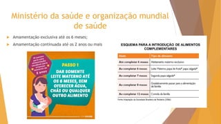 Ministério da saúde e organização mundial
de saúde
 Amamentação exclusiva até os 6 meses;
 Amamentação continuada até os 2 anos ou mais
 