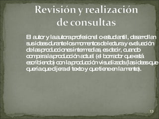 El autor y la autora profesional o estudiantil, desarrollan sus ideas durante los momentos de lectura y evaluación de las producciones intermedias, es decir, cuando compara la producción actual (el borrador que está escribiendo) con la producción visualizada (las ideas que quería que dijera el texto y que tiene en la mente). 