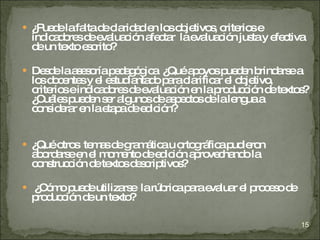 ¿Puede la falta de claridad en los objetivos, criterios e indicadores de evaluación afectar  la evaluación justa y efectiva de un texto escrito? Desde la asesoría pedagógica  ¿Qué apoyos pueden brindarse a los docentes y el estudiantado para clarificar el objetivo, criterios e indicadores de evaluación en la producción de textos? ¿Cuáles pueden ser algunos de aspectos de la lengua a considerar en la etapa de edición? ¿Qué otros  temas de gramática u ortográfica pudieron abordarse en el momento de edición aprovechando la construcción de textos descriptivos? ¿Cómo puede utilizarse  la rúbrica para evaluar el proceso de producción de un texto? 