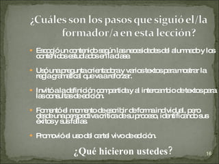 Escogió un contenido según las necesidades del alumnado y los contenidos estudiados en la clase. Usó una pregunta orientadora y varios textos para mostrar la regla gramatical que va a reforzar. Invitó a la definición compartida y al intercambio de textos para las consultas de edición. Fomentó el momento de escribir de forma individual, pero desde una perspectiva crítica de su proceso, identificando sus éxitos y sus fallas. Promovió el uso del cartel vivo de edición. ¿Qué hicieron ustedes? 